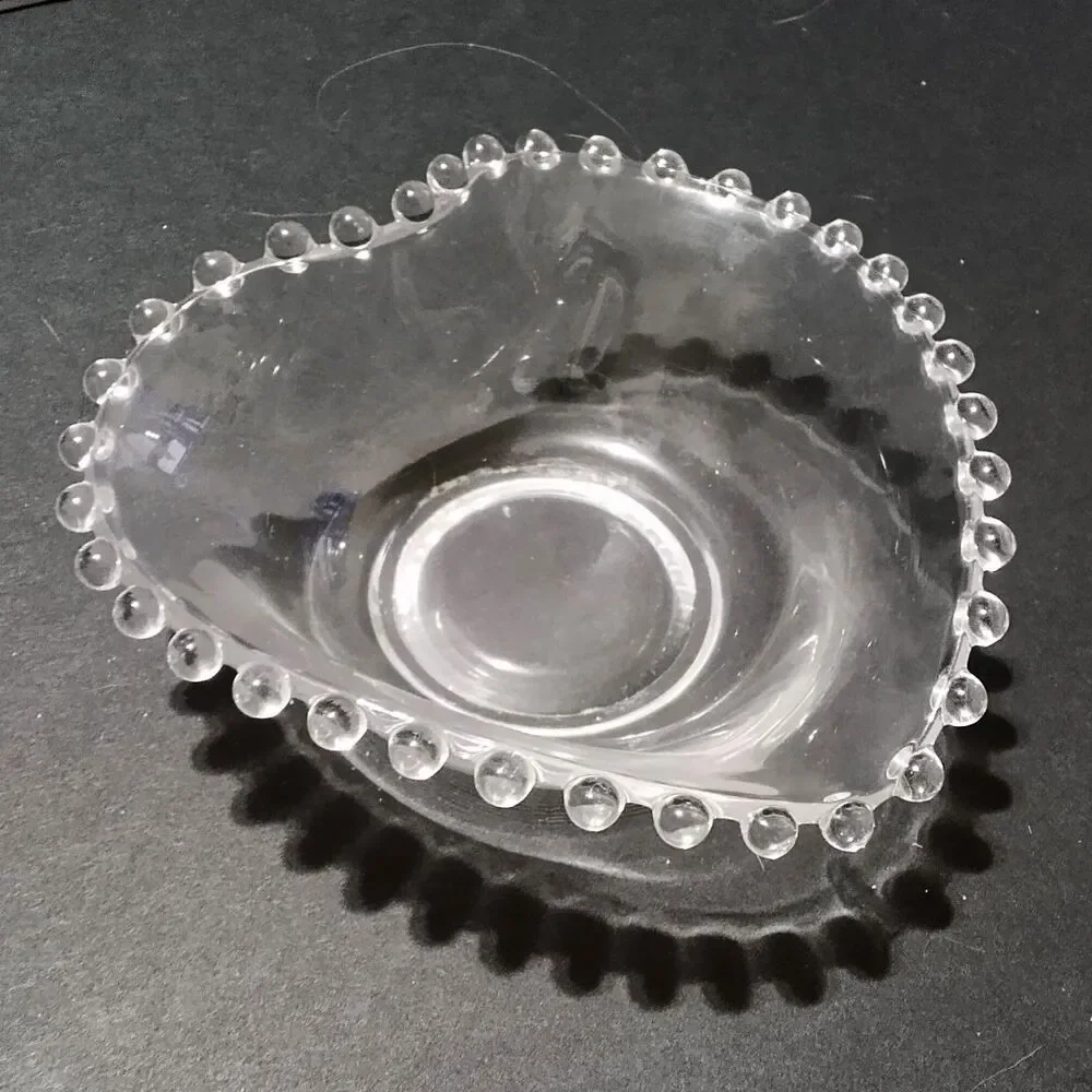 Vintage Imperial Glass Candlewick Heart Shaped Bowl Clear Beaded Edge Candy Dish